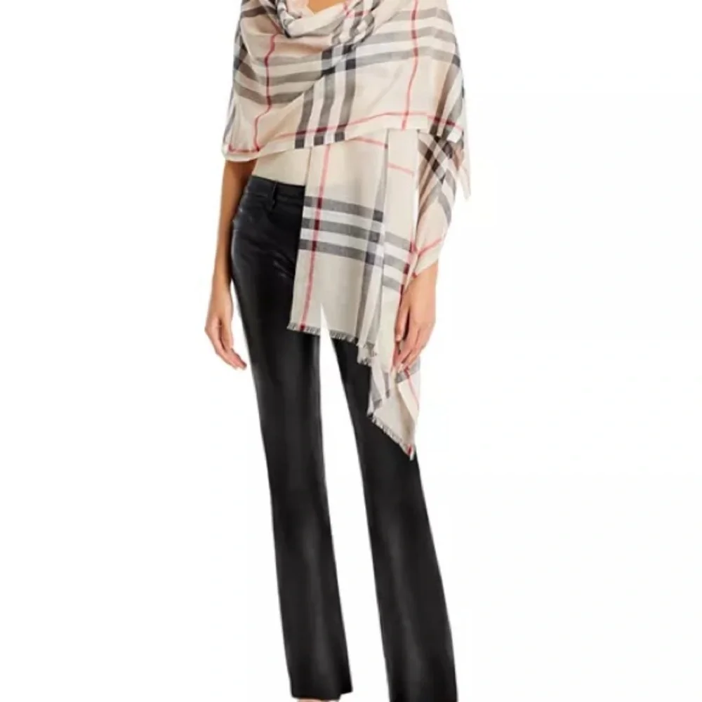 Burberry Giant Check Wool Silk Scarf Beige Nova Check Fringe - Picture 6 of 10